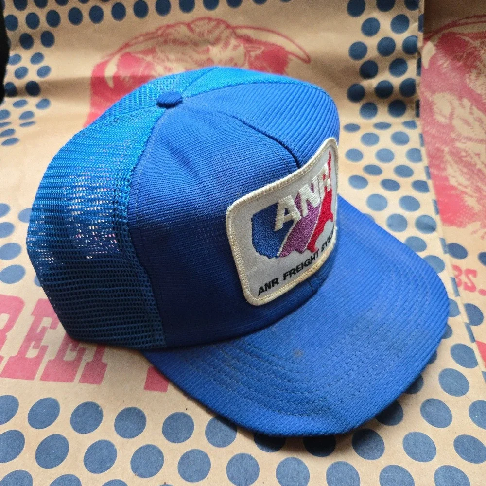 VTG ANR Freight System Trucker Hat Blue GUC OSFA Snapback Mesh Patch Cap USA Map